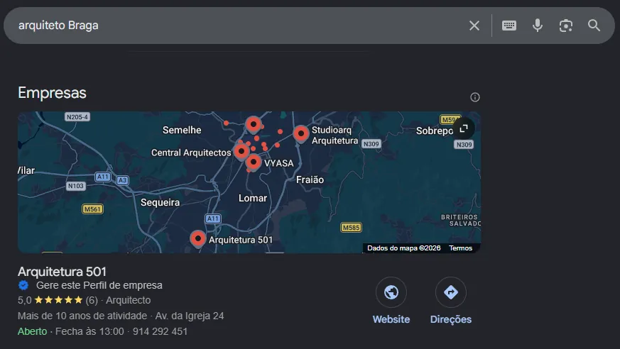 Resultados do Google para arquiteto Braga com a Arquitetura 501 em destaque no mapa